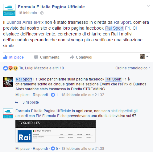 Il post della pagina italiana della Formula E