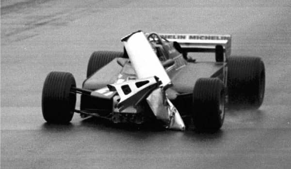 (CPT3-June 15)--Gilles Villeneuve found himself driving blind at the Canadian Grand Prix in Montreal in 1981 when his front spoiler started peeling off his Ferrari. Villeneuve ended the race in third place. (CP PHOTO) 1996 (str)