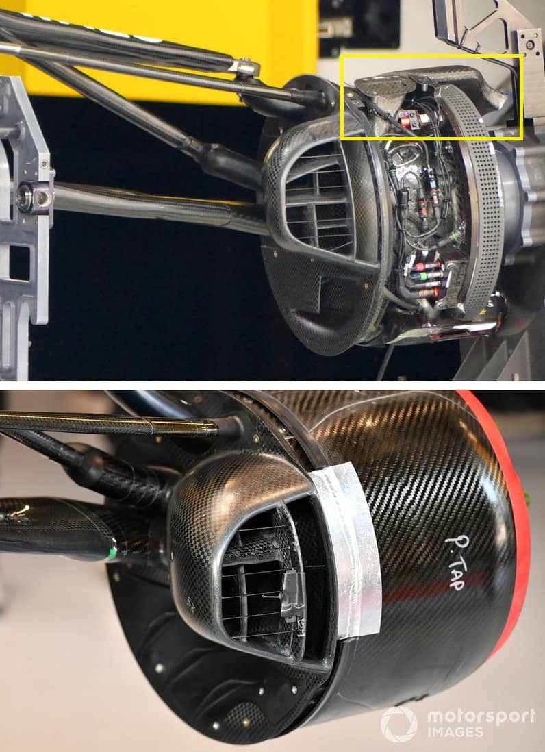 I cestelli dei freni con un design chiaramente ispirato a Mercedes nei convogliatori di flusso, riquadrati in giallo.